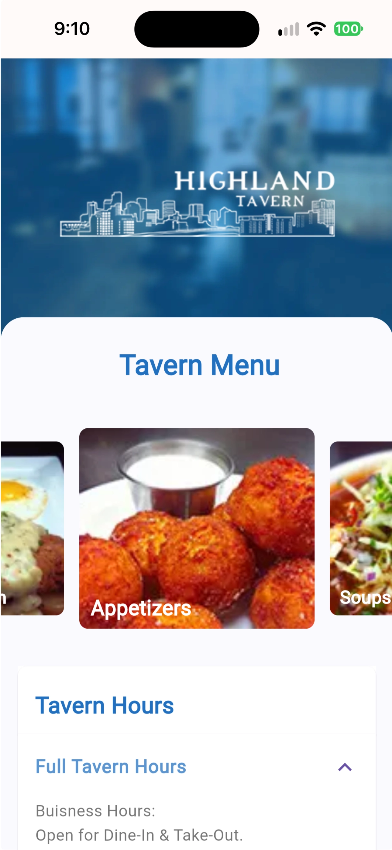 Highland Tavern site on mobile